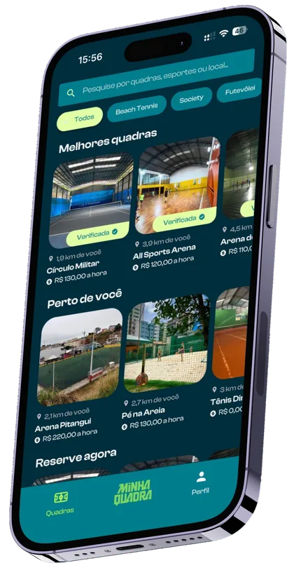 Busca de quadras do Minha Quadra com arenas, distância e preço por hora