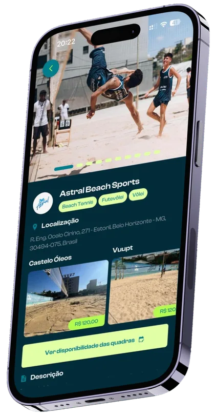 Página de uma arena no app Minha Quadra com fotos, quadras e acesso à disponibilidade