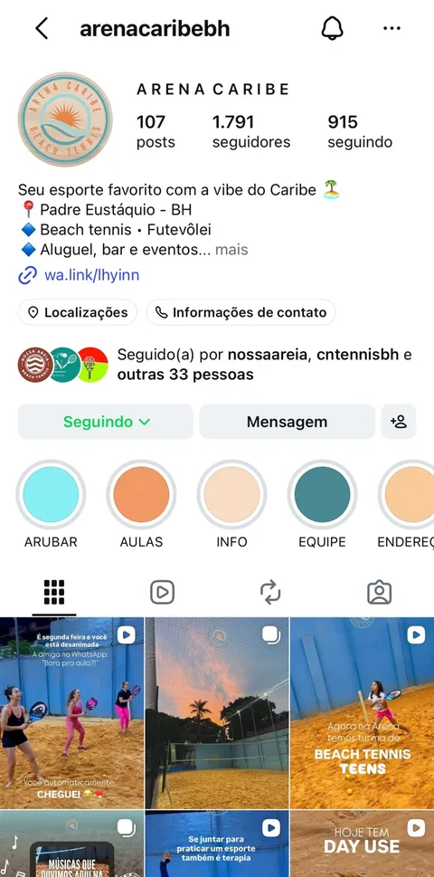 Perfil de Instagram da Arena Caribe, com bio, destaques e grade de fotos e vídeos