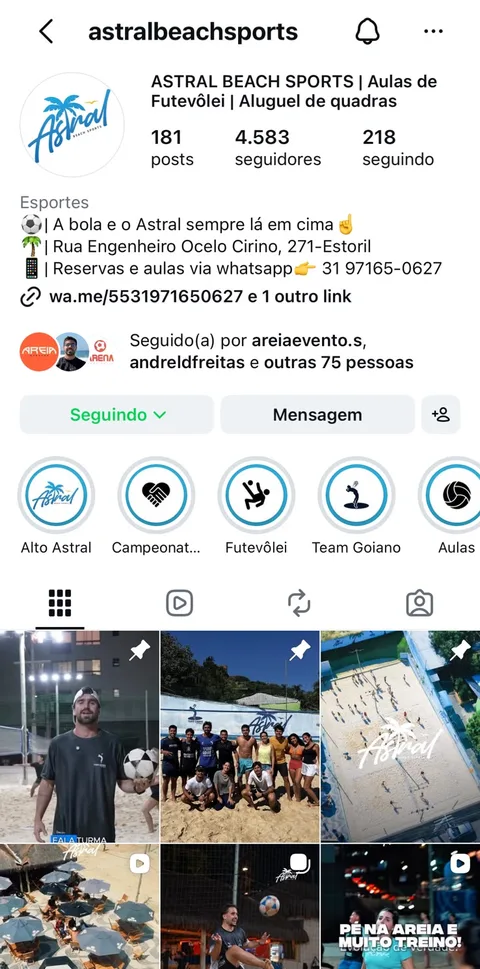 Perfil de Instagram da Astral Beach Sports, com bio, destaques e grade de fotos de jogos