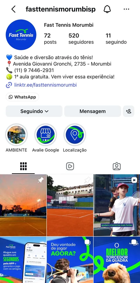 Perfil de Instagram da Fast Tennis Morumbi, com bio, destaques e grade de fotos e artes