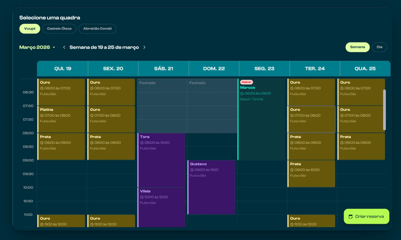 Agenda do Minha Quadra com os horários das quadras da semana, livres, ocupados e fechados